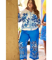Skies Are Blue Plus Size Border Satin Long Sleeve Woven Coordinating Blouse