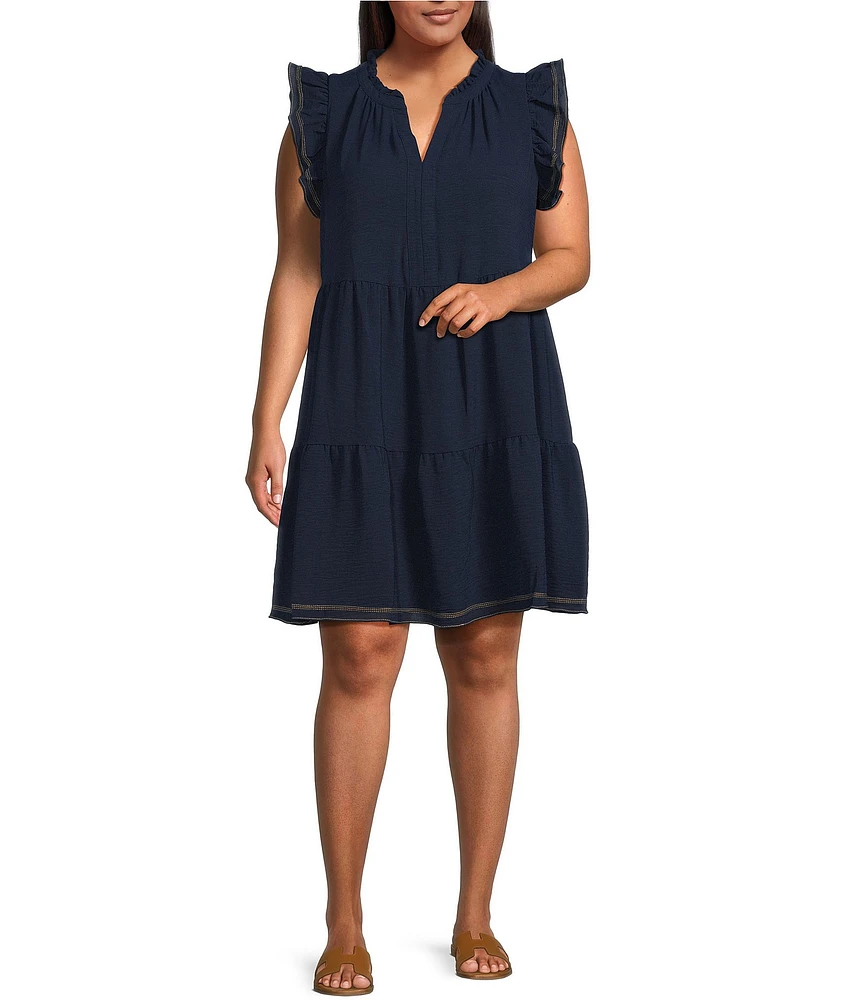 Skies Are Blue Plus Size Contrast Stitch Tiered Baby Doll Dress