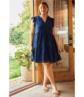 Skies Are Blue Plus Size Contrast Stitch Tiered Baby Doll Dress