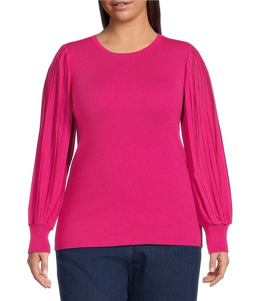 Skies Are Blue Plus Size Crew Neck Long Sleeve Pleated Top