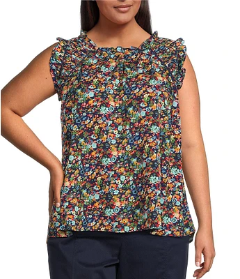 Skies Are Blue Plus Size Ditsy Floral Ruffle Sleeveless Top