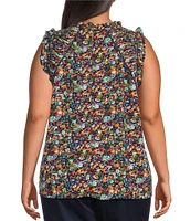 Skies Are Blue Plus Size Ditsy Floral Ruffle Sleeveless Top