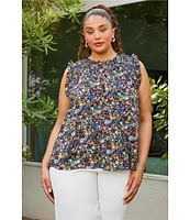 Skies Are Blue Plus Size Ditsy Floral Ruffle Sleeveless Top