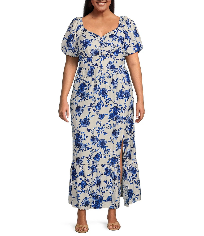 Skies Are Blue Plus Size Floral Ikat Balloon Sleeve Maxi Dress