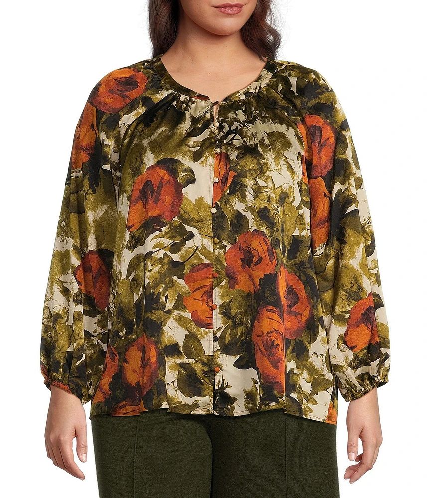 Skies Are Blue Plus Size Long Sleeve Abstract/Floral Printed Blouse