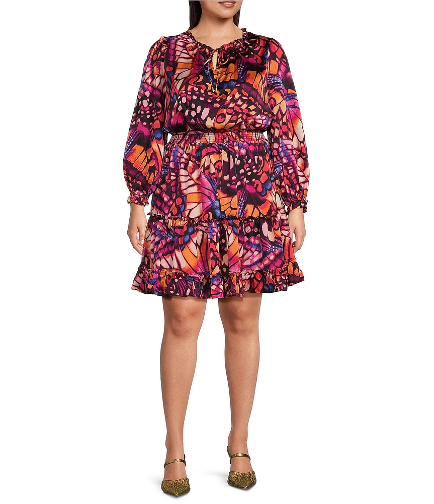 Skies Are Blue Plus Size Long Sleeve Butterfly Printed Mini Dress