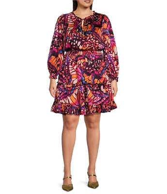 Skies Are Blue Plus Size Long Sleeve Butterfly Printed Mini Dress