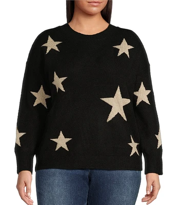 Skies Are Blue Plus Size Long Sleeve Lurex Star Pattern Wool-Blend Sweater