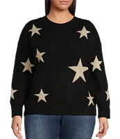 Skies Are Blue Plus Size Long Sleeve Lurex Star Pattern Wool-Blend Sweater