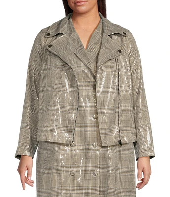 Skies Are Blue Plus Long Sleeve Sequin-Embellished Plaid Biker Jacket