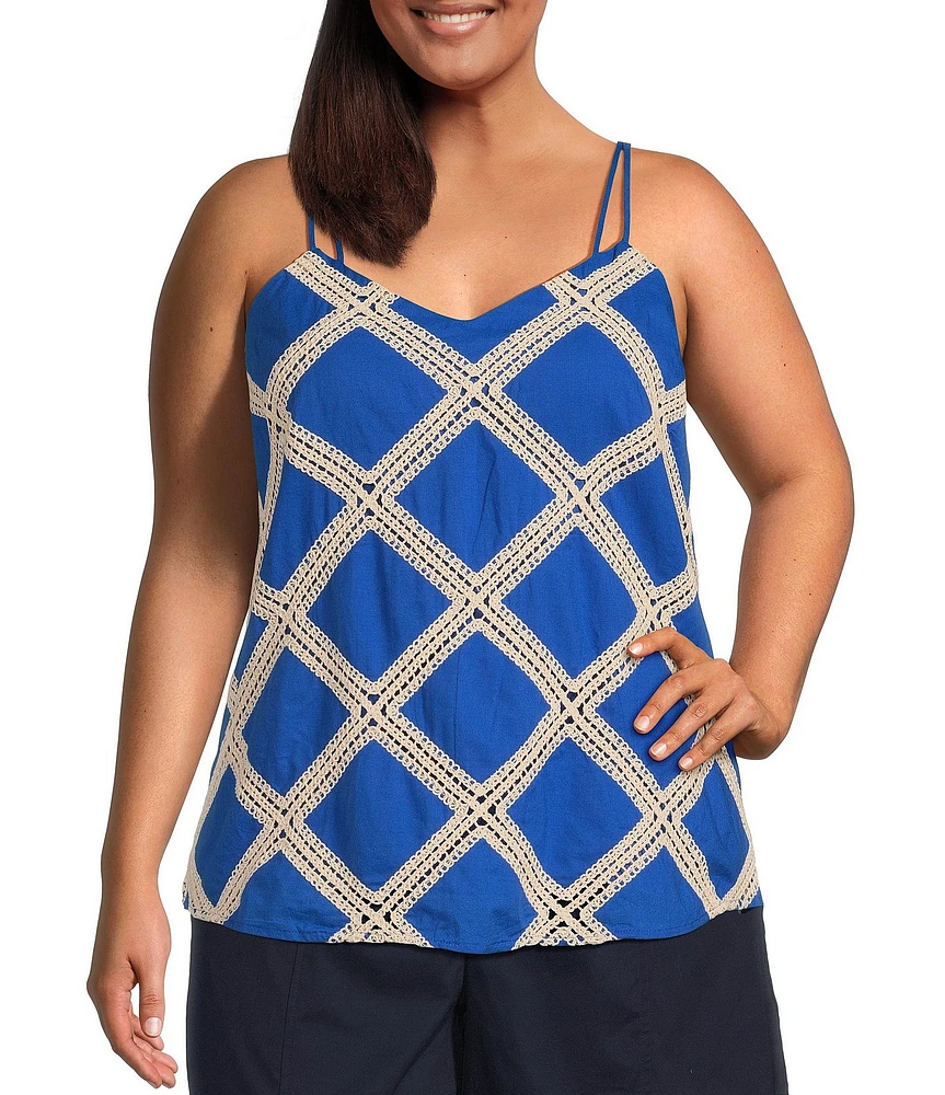 Skies Are Blue Plus Size Macrame Embroidered Double Strap Tank Top