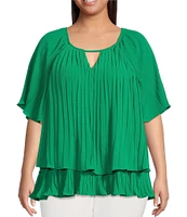 Skies Are Blue Plus Size Pleated Tiered Short Sleeve Blouse