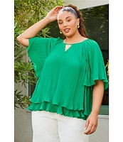 Skies Are Blue Plus Size Pleated Tiered Short Sleeve Blouse