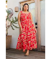 Skies Are Blue Plus Size Post Card Print Midi Dress