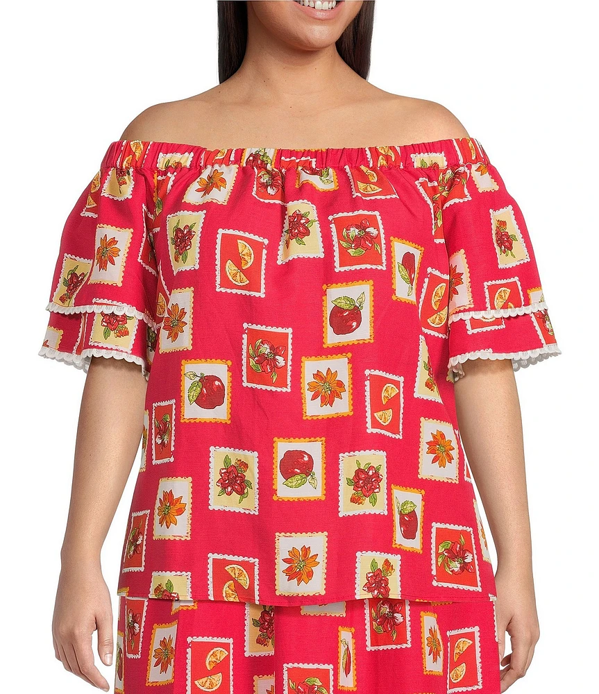 Skies Are Blue Plus Size Postcard Print Off-The-Shoulder Coordinating Blouse