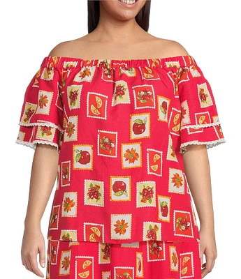 Skies Are Blue Plus Size Postcard Print Off-The-Shoulder Coordinating Blouse