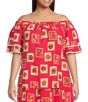 Skies Are Blue Plus Size Postcard Print Off-The-Shoulder Coordinating Blouse