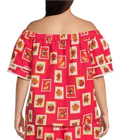 Skies Are Blue Plus Size Postcard Print Off-The-Shoulder Coordinating Blouse