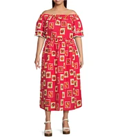 Skies Are Blue Plus Size Postcard Print Off-The-Shoulder Coordinating Blouse