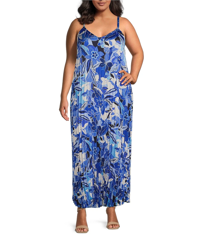 Skies Are Blue Plus Size Printed Pleated Maxi Dress