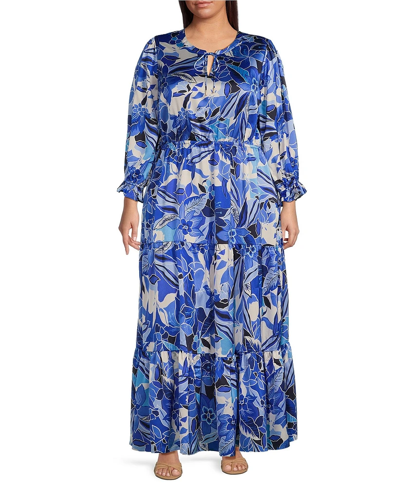Skies Are Blue Plus Size Printed Tiered 3/4 Sleeve Maxi Dress