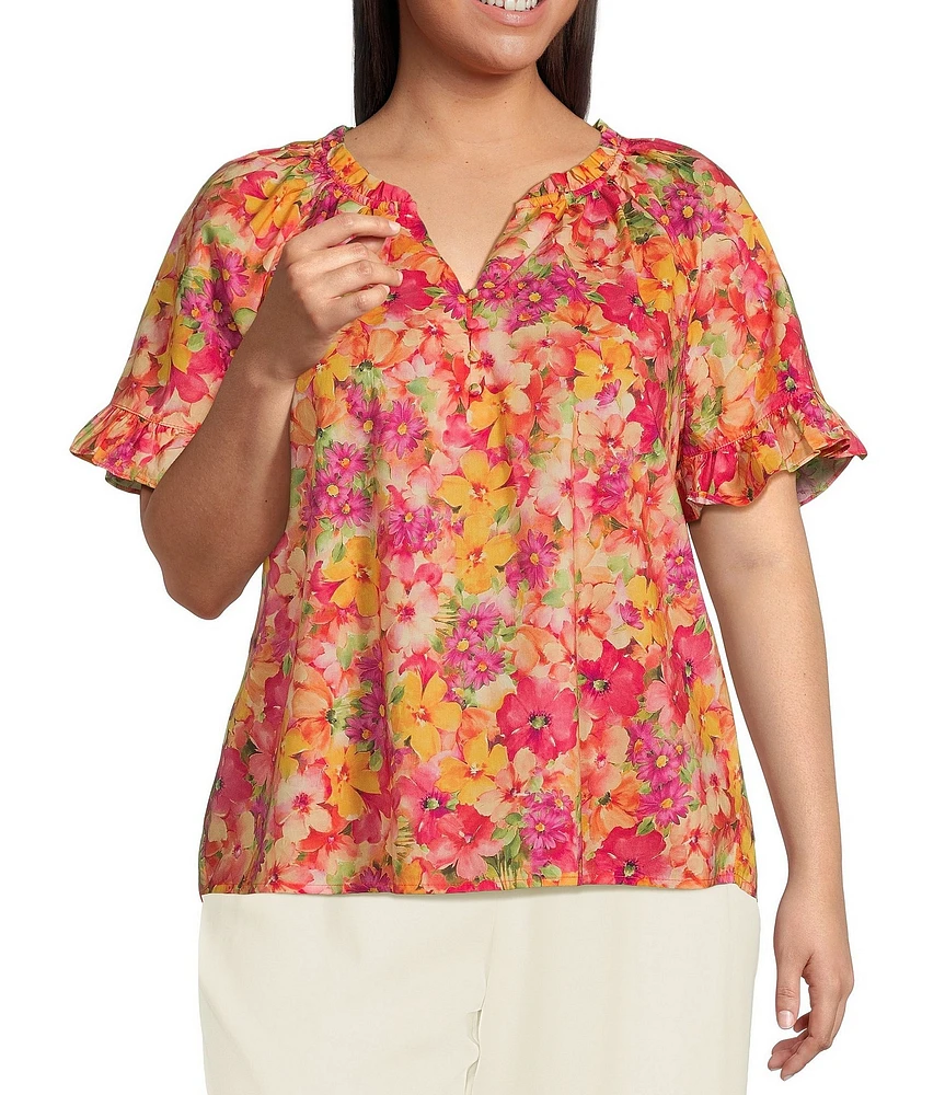 Skies Are Blue Plus Size Short Sleeve Poplin Ruffle Blouse
