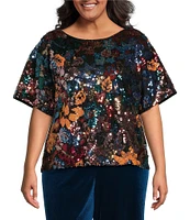 Skies Are Blue Plus Size Short Sleeve Sequin-Embellished Floral-Patterned Woven Top