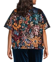 Skies Are Blue Plus Size Short Sleeve Sequin-Embellished Floral-Patterned Woven Top