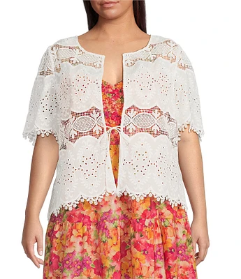 Skies Are Blue Plus Size Short Sleeve Tie Front Broderie Anglaise Top