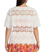 Skies Are Blue Plus Size Short Sleeve Tie Front Broderie Anglaise Top
