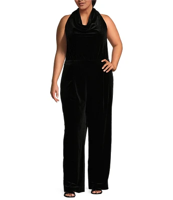 Skies Are Blue Plus Size Sleeveless Cowl Neck Velvet Jumpsuit