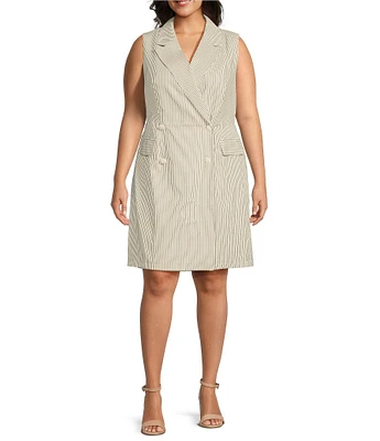 Skies Are Blue Plus Size Sleeveless Double-Breasted Pinstripe Dress