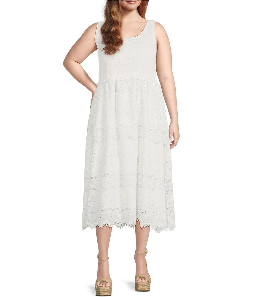 Skies Are Blue Plus Size Smocked Top Broderie Anglaise Midi Dress