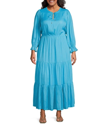 Skies Are Blue Plus Solid Woven Long Ruffle Sleeve Front Tie Tiered Dress