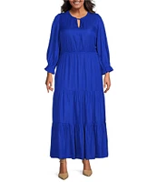 Skies Are Blue Plus Solid Woven Long Ruffle Sleeve Front Tie Tiered Dress
