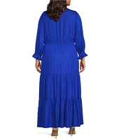 Skies Are Blue Plus Solid Woven Long Ruffle Sleeve Front Tie Tiered Dress