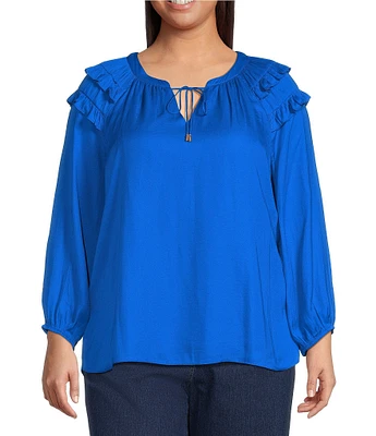 Skies Are Blue Plus Size Split V-Neck Long Sleeve Blouse