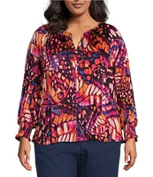 Skies Are Blue Plus Split V-Neck Long Sleeve Butterfly Printed Pleated Woven Top