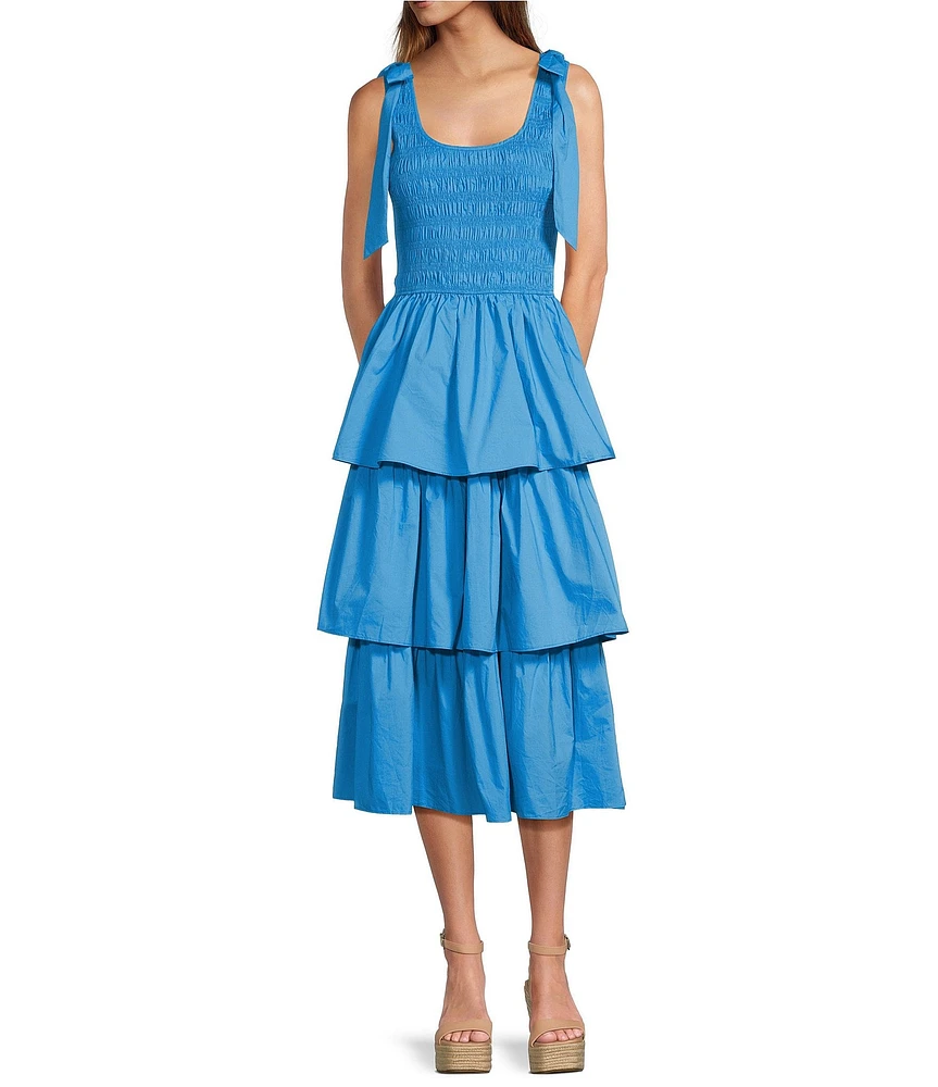 Skies Are Blue Poplin Square Neck Tie Strap Sleeveless Ruffle Tiered Midi Dress