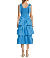 Skies Are Blue Poplin Square Neck Tie Strap Sleeveless Ruffle Tiered Midi Dress