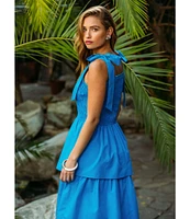 Skies Are Blue Poplin Square Neck Tie Strap Sleeveless Ruffle Tiered Midi Dress