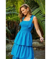 Skies Are Blue Poplin Square Neck Tie Strap Sleeveless Ruffle Tiered Midi Dress