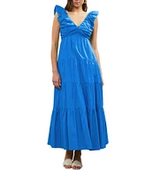 Skies Are Blue Poplin V-Neck Cap Sleeve Shirred Maxi Dress