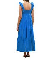 Skies Are Blue Poplin V-Neck Cap Sleeve Shirred Maxi Dress