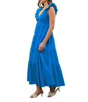 Skies Are Blue Poplin V-Neck Cap Sleeve Shirred Maxi Dress