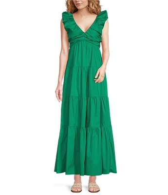 Skies Are Blue Poplin V-Neck Cap Sleeve Shirred Maxi Dress