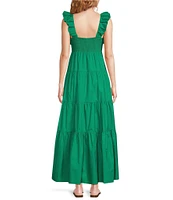Skies Are Blue Poplin V-Neck Cap Sleeve Shirred Maxi Dress
