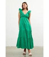 Skies Are Blue Poplin V-Neck Cap Sleeve Shirred Maxi Dress