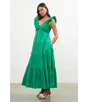 Skies Are Blue Poplin V-Neck Cap Sleeve Shirred Maxi Dress