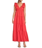 Skies Are Blue Poplin V-Neck Cap Sleeve Shirred Maxi Dress